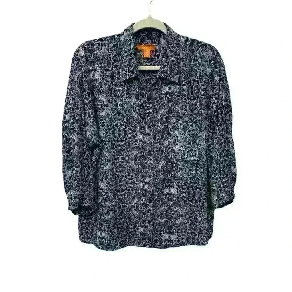 Joe Fresh Womens XL Blouse Blue White Floral Hi-Low Hem Pocket 3/4 Sleeves